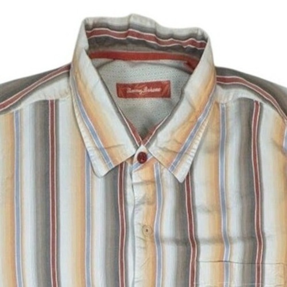 Tommy Bahama Men's Casual Shirt Size‎ XL Striped Rust Tan Blue 100% Silk Bold